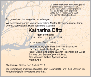 Traueranzeige von Katharina Bätz von HERSFELDER ZEITUNG