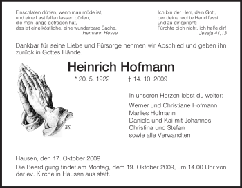 Traueranzeige von Heinrich Hofmann von HERSFELDER ZEITUNG