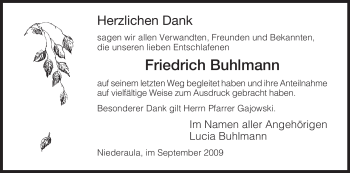 Traueranzeige von Friedrich Buhlmann von HERSFELDER ZEITUNG