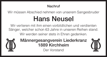 Traueranzeige von Hans Neusel von HERSFELDER ZEITUNG