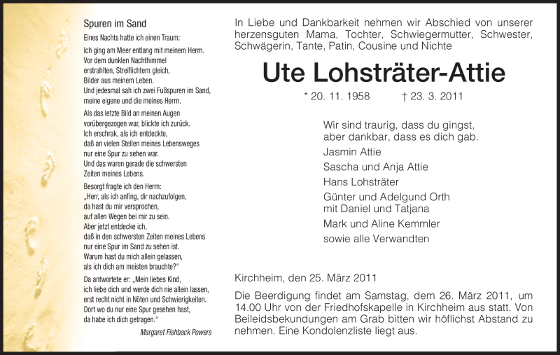  Traueranzeige für Ute Lohsträter-Attie vom 25.03.2011 aus HERSFELDER ZEITUNG