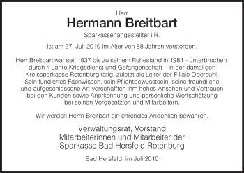 Traueranzeige von Hermann Breitbart von HERSFELDER ZEITUNG