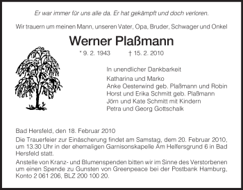 Traueranzeige von Werner Plaßmann von HERSFELDER ZEITUNG