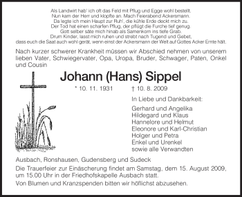 Traueranzeige von Johann Sippel von HERSFELDER ZEITUNG