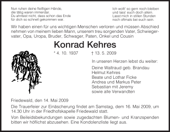 Traueranzeige von Konrad Kehres von HERSFELDER ZEITUNG