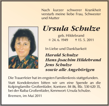 Traueranzeige von Ursula Schulze von HERSFELDER ZEITUNG
