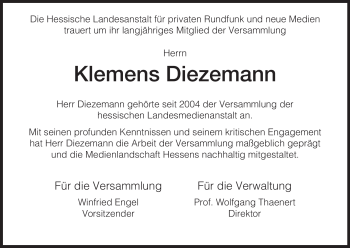 Traueranzeige von Klemens Diezemann von HERSFELDER ZEITUNG