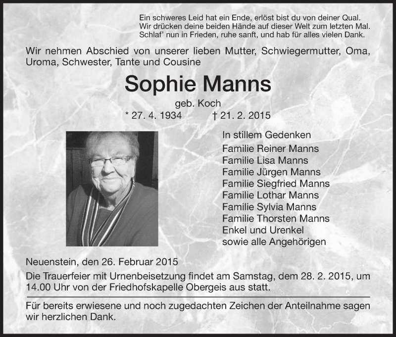  Traueranzeige für Sophie Manns vom 26.02.2015 aus Hersfeld