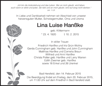 Traueranzeige von Lina Luise Hanßke von Hersfeld