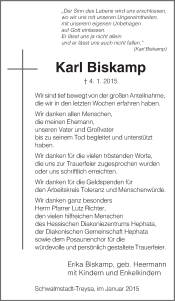 Traueranzeige von Karl Biskamp von Hersfeld