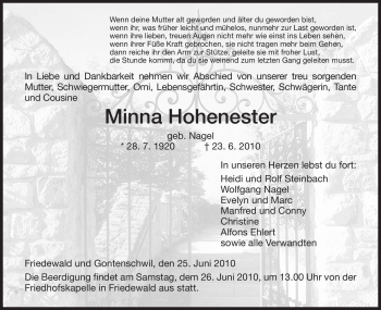 Traueranzeige von Minna Hohenester von HERSFELDER ZEITUNG
