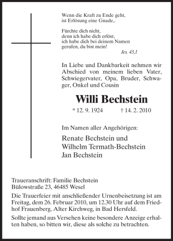 Traueranzeige von Willi Bechstein von HERSFELDER ZEITUNG