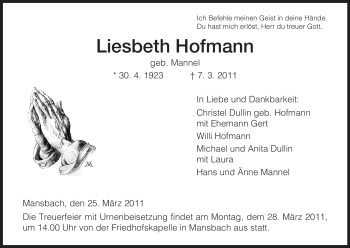 Traueranzeige von Liesbeth Hofmann von HERSFELDER ZEITUNG
