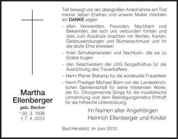 Traueranzeige von Martha Ellenberger von HERSFELDER ZEITUNG