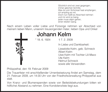 Traueranzeige von Johann Kelm von HERSFELDER ZEITUNG