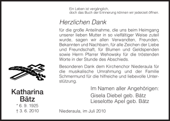 Traueranzeige von Katharina Bätz von HERSFELDER ZEITUNG