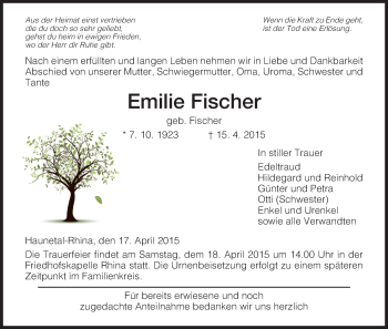 Traueranzeige von Emilie Fischer von Hersfeld