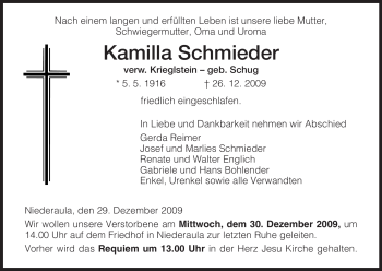 Traueranzeige von Kamilla Schmieder von HERSFELDER ZEITUNG