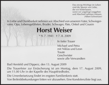 Traueranzeige von Horst Weiser von HERSFELDER ZEITUNG