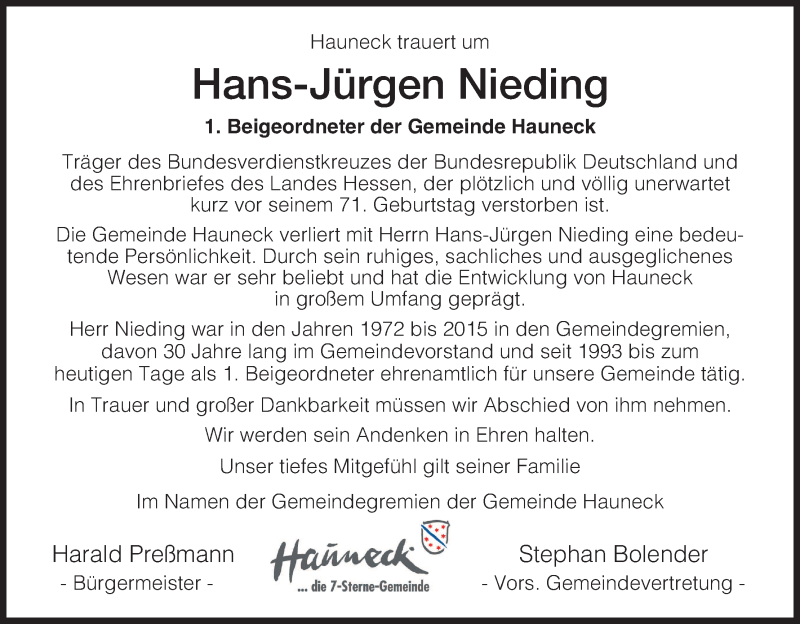  Traueranzeige für Hans-Jürgen Nieding vom 29.01.2015 aus Hersfeld