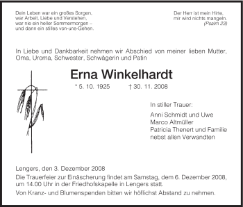 Traueranzeige von Erna Winkelhardt von HERSFELDER ZEITUNG