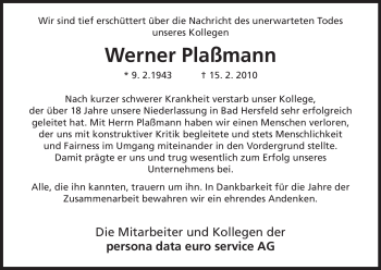 Traueranzeige von Werner Plaßmann von HERSFELDER ZEITUNG