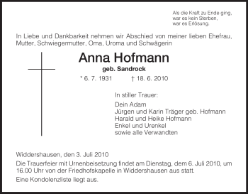 Traueranzeige von Anna Hofmann von HERSFELDER ZEITUNG