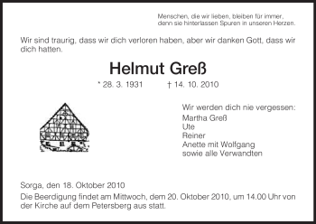 Traueranzeige von Helmut Greß von HERSFELDER ZEITUNG
