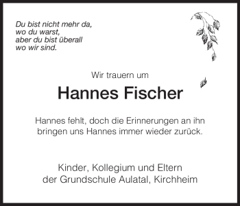 Traueranzeige von Hannes Fischer von HERSFELDER ZEITUNG