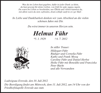 Traueranzeige von Helmut Führ von HERSFELDER ZEITUNG