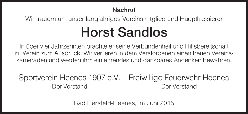  Traueranzeige für Horst Sandlos vom 20.06.2015 aus Hersfeld