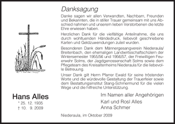 Traueranzeige von Hans Alles von HERSFELDER ZEITUNG