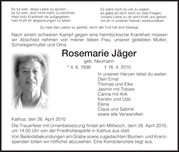Traueranzeige von Rosemarie Jäger von HERSFELDER ZEITUNG