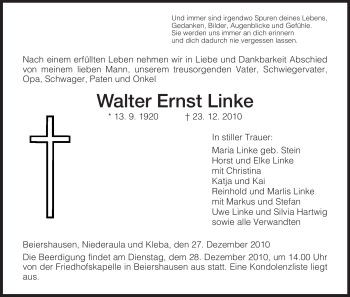 Traueranzeige von Walter Ernst Linke von HERSFELDER ZEITUNG