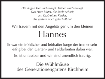 Traueranzeige von Hannes Unbekannt von HERSFELDER ZEITUNG