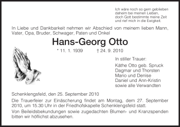 Traueranzeige von Hans-Georg Otto von HERSFELDER ZEITUNG