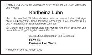 Traueranzeige von Karlheinz Luhn von HERSFELDER ZEITUNG