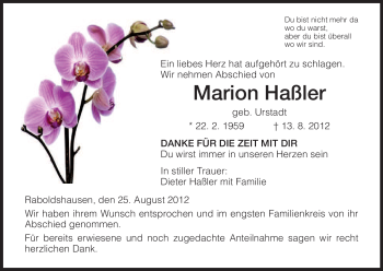 Traueranzeige von Marion Haßler von HERSFELDER ZEITUNG