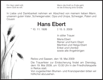 Traueranzeige von Hans Ebert von HERSFELDER ZEITUNG