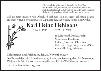 Traueranzeige von Karl Heinz von HERSFELDER ZEITUNG