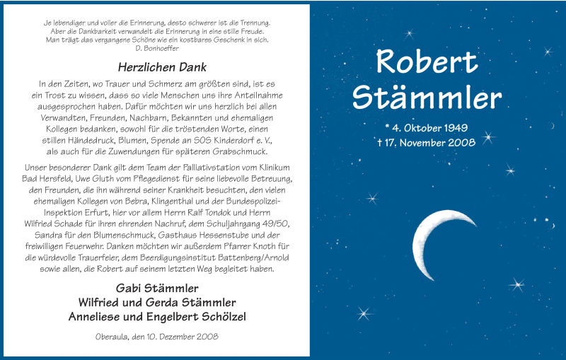  Traueranzeige für Robert Stämmler vom 10.12.2008 aus HERSFELDER ZEITUNG