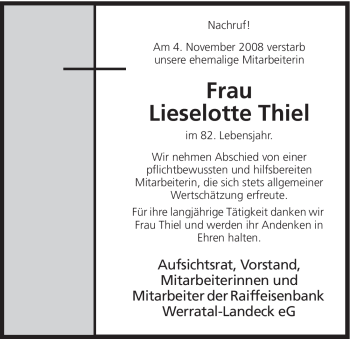 Traueranzeige von Lieselotte Thiel von HERSFELDER ZEITUNG
