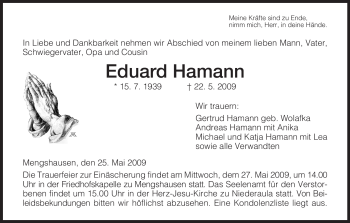 Traueranzeige von Eduard Hamann von HERSFELDER ZEITUNG