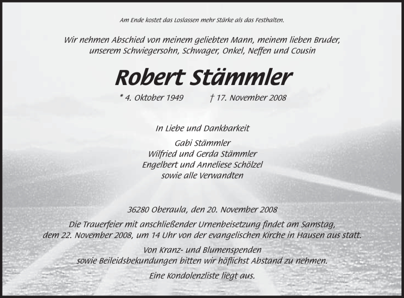  Traueranzeige für Robert Stämmler vom 20.11.2008 aus HERSFELDER ZEITUNG