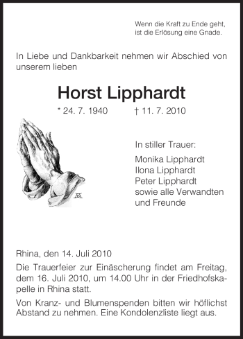 Traueranzeige von Horst Lipphardt von HERSFELDER ZEITUNG