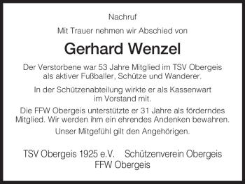 Traueranzeige von Gerhard Wenzel von HERSFELDER ZEITUNG