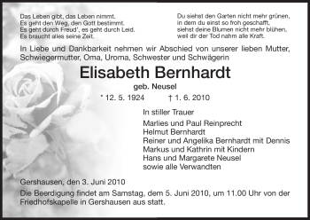 Traueranzeige von Elisabeth Bernhardt von HERSFELDER ZEITUNG