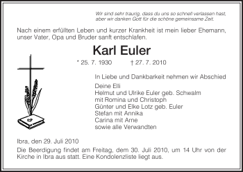 Traueranzeige von Karl Euler von HERSFELDER ZEITUNG