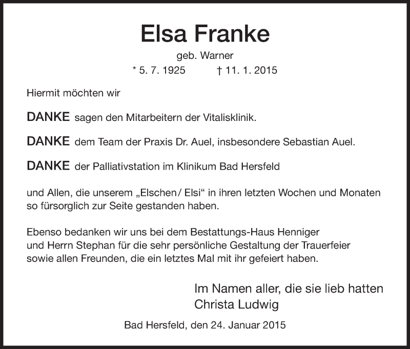  Traueranzeige für Elsa Franke vom 24.01.2015 aus Hersfeld