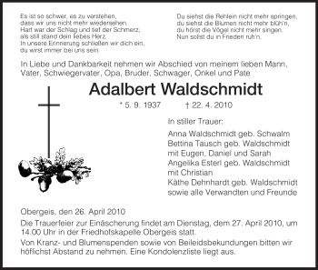 Traueranzeige von Adalbert Waldschmidt von HERSFELDER ZEITUNG